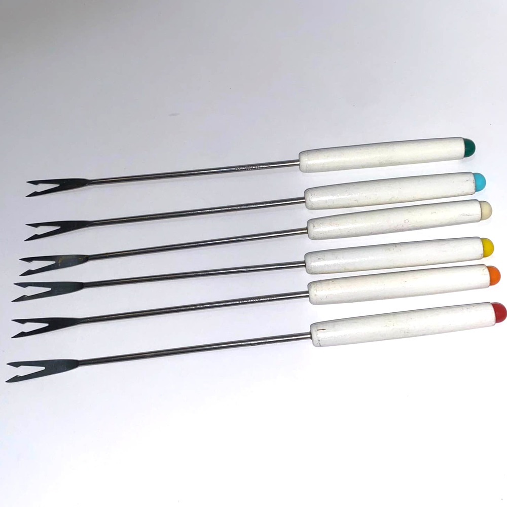 6 Fondue Forks Vintage MCM Wood White handle Color Tip Stainless Steel Japan